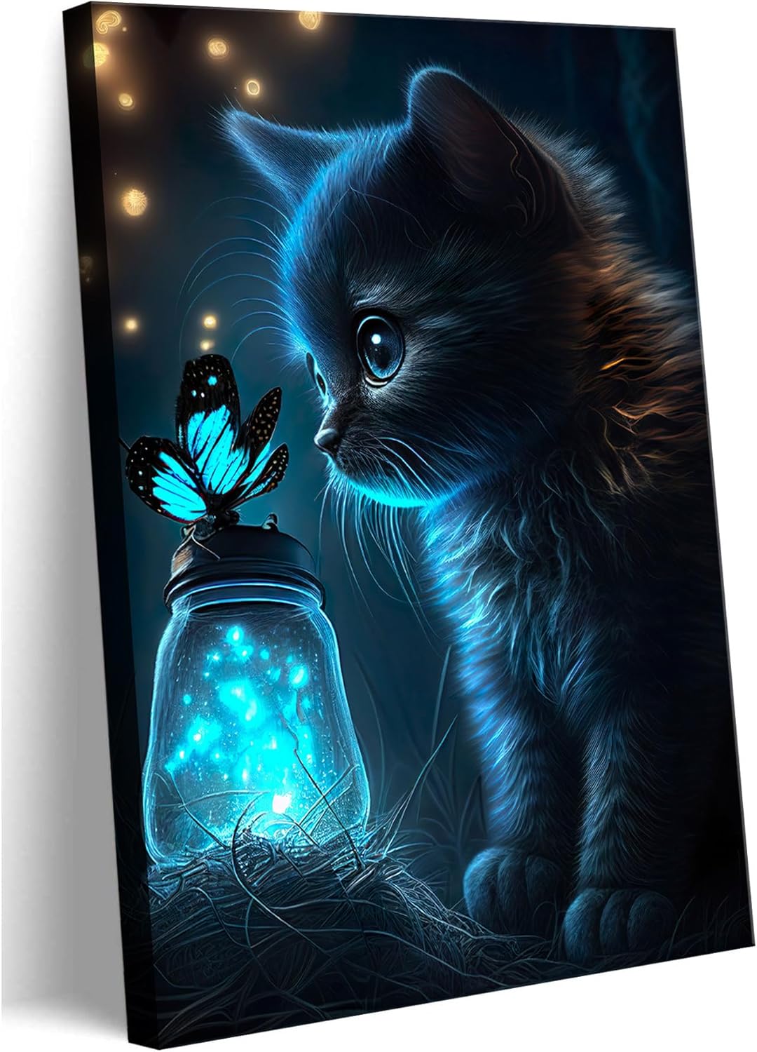 Framed Cute Cat Canvas Wall Art Blue Fluorescent Butterfly Curious Cat Wall Decor Picture Nursery Cute Animals Poster Naive Cat Painting Print for Nursery Baby Room Artwork Home Decoration