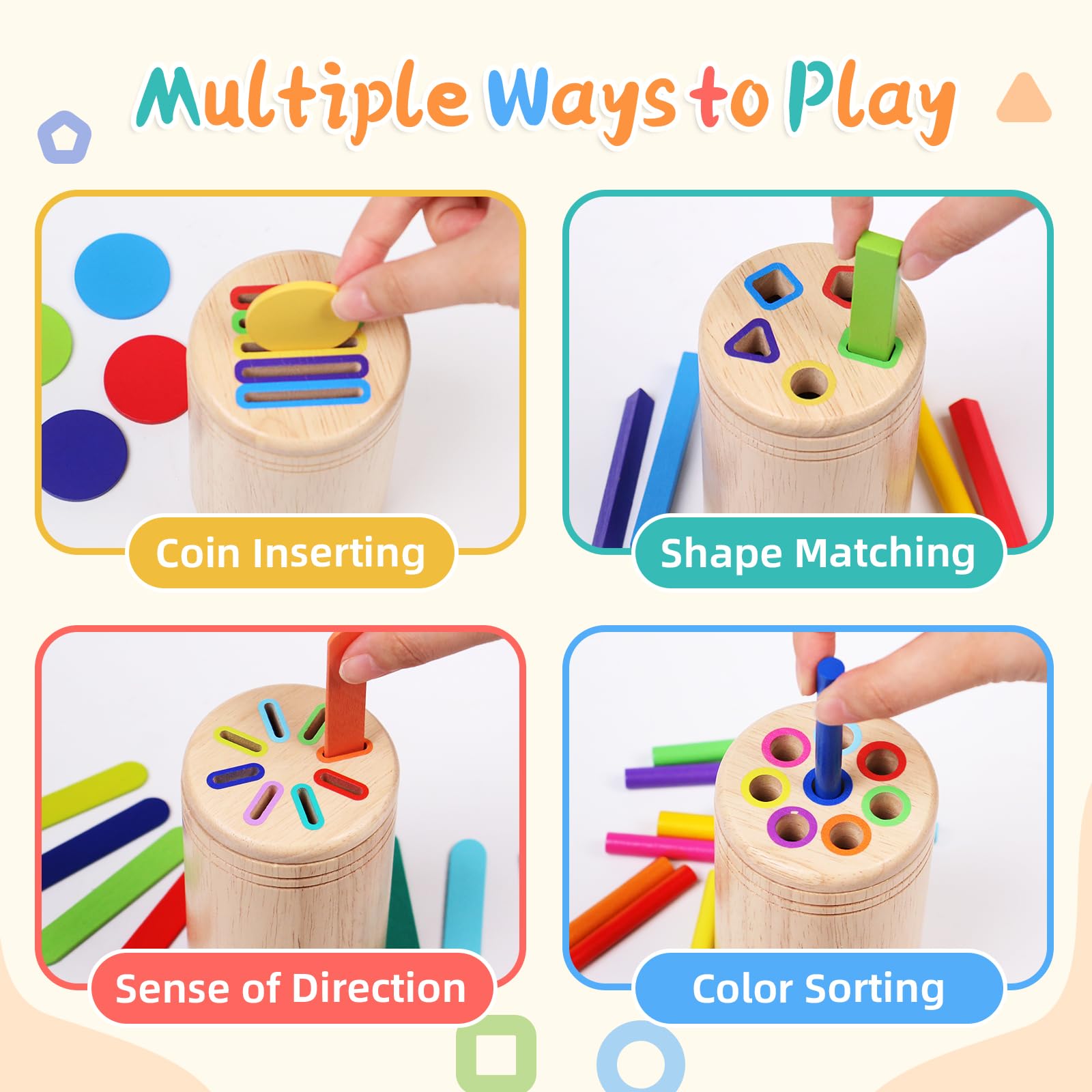 Juguetes Montessori 4 en 1 para niños de 2, 3 y 4 años, juguetes de madera para clasificar colores para niños pequeños de 1 a 3, actividades de aprendizaje preescolar, juegos a juego de motricidad 5