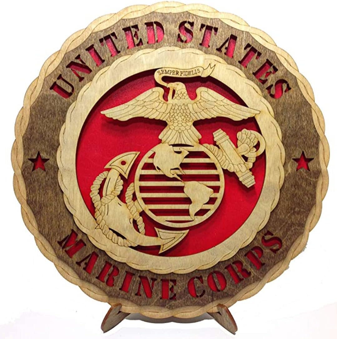 USMC United States Marine Corps Military Armed Forces Decorative Laser Crafted Three Dimensional Wooden Wall Plaque with Stand
