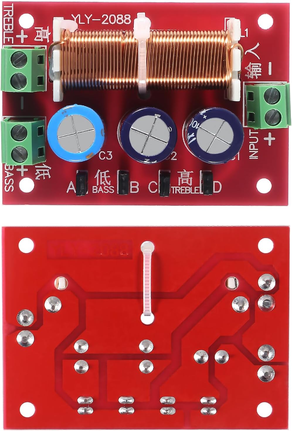 Top view of the Coliao YLY-2088 crossover filter board, showing input, treble, and bass terminals, along with jumpers A, B, C, D.