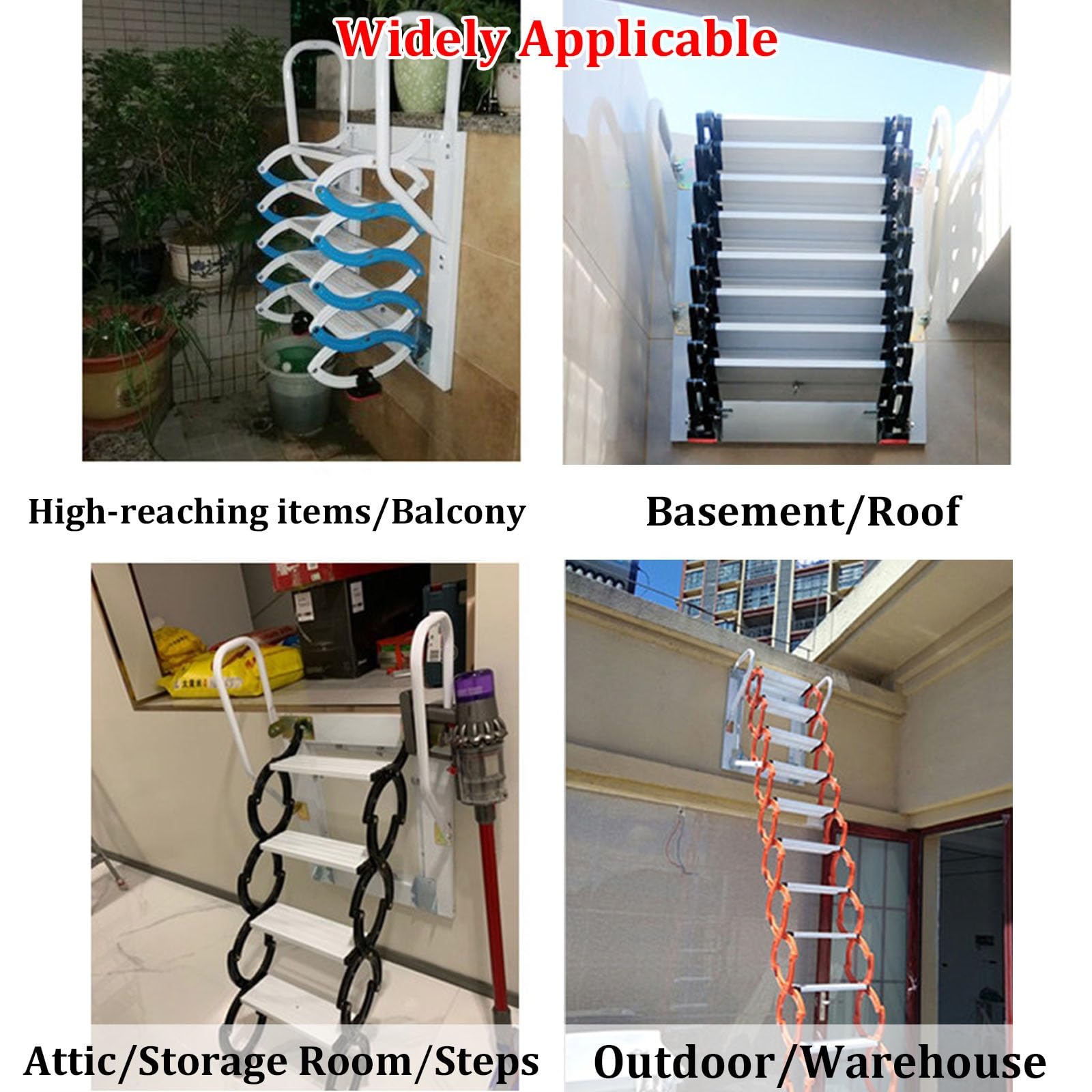 Ausziehbare Dachbodentreppe mit Teleskopfunktion und Ausziehmechanismus, Tragkraft 300 kg, wandmontierte Stahltreppe mit stabilen Handläufen, für den Außenbereich(15 Steps 380CM/150IN)