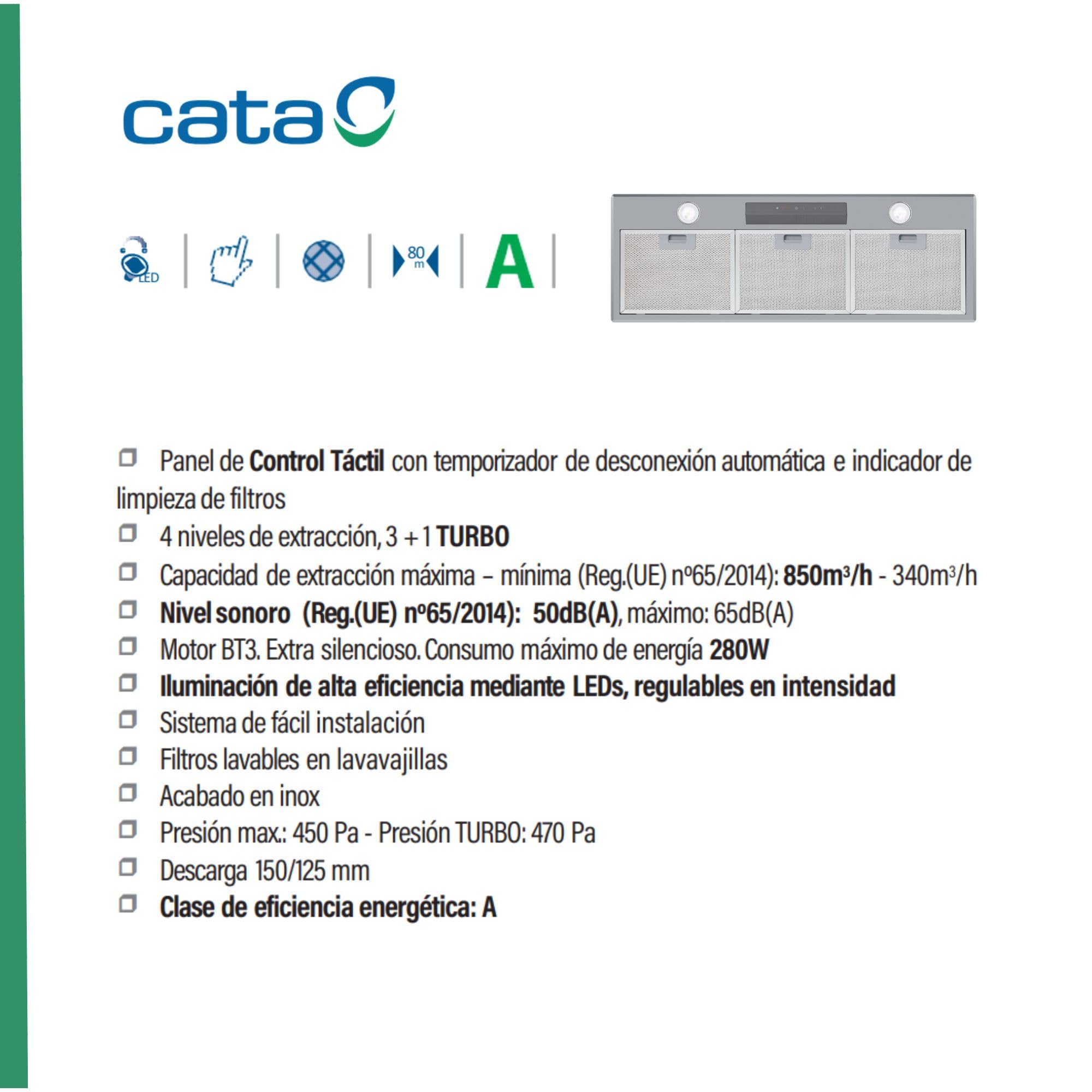 Campana Grupo Filtrante 79,2cm 820 m³/h 65dB CATA GL75 X/D 4 Niveles Extracción Clase A COD. 02031302 Inox