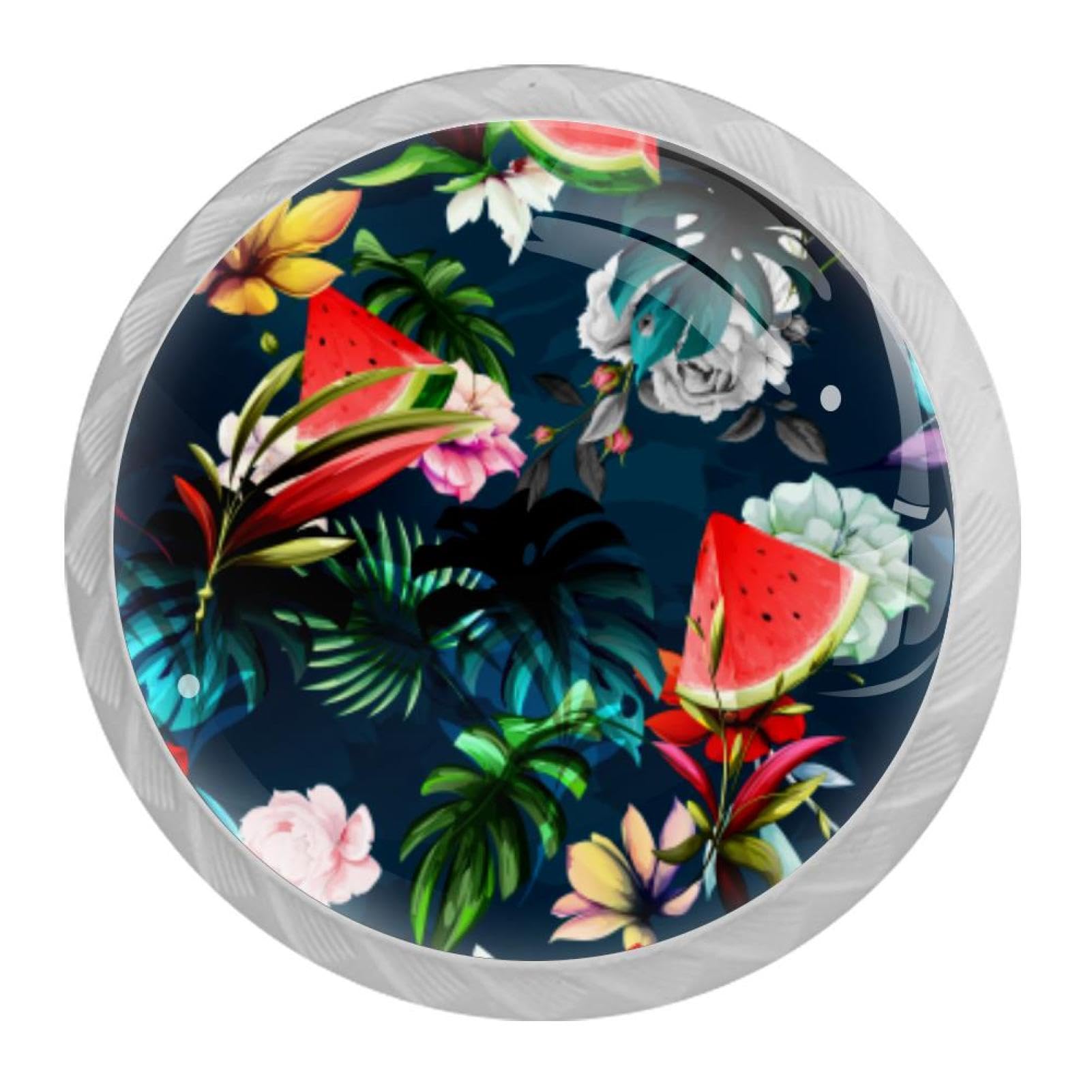 Tqmspg 4 Pieces Drawer Pulls Watermelon Tropical Flowers Door Knobs Dresser Handles for Kitchen Wardrobe Cupboard Hardware Furniture