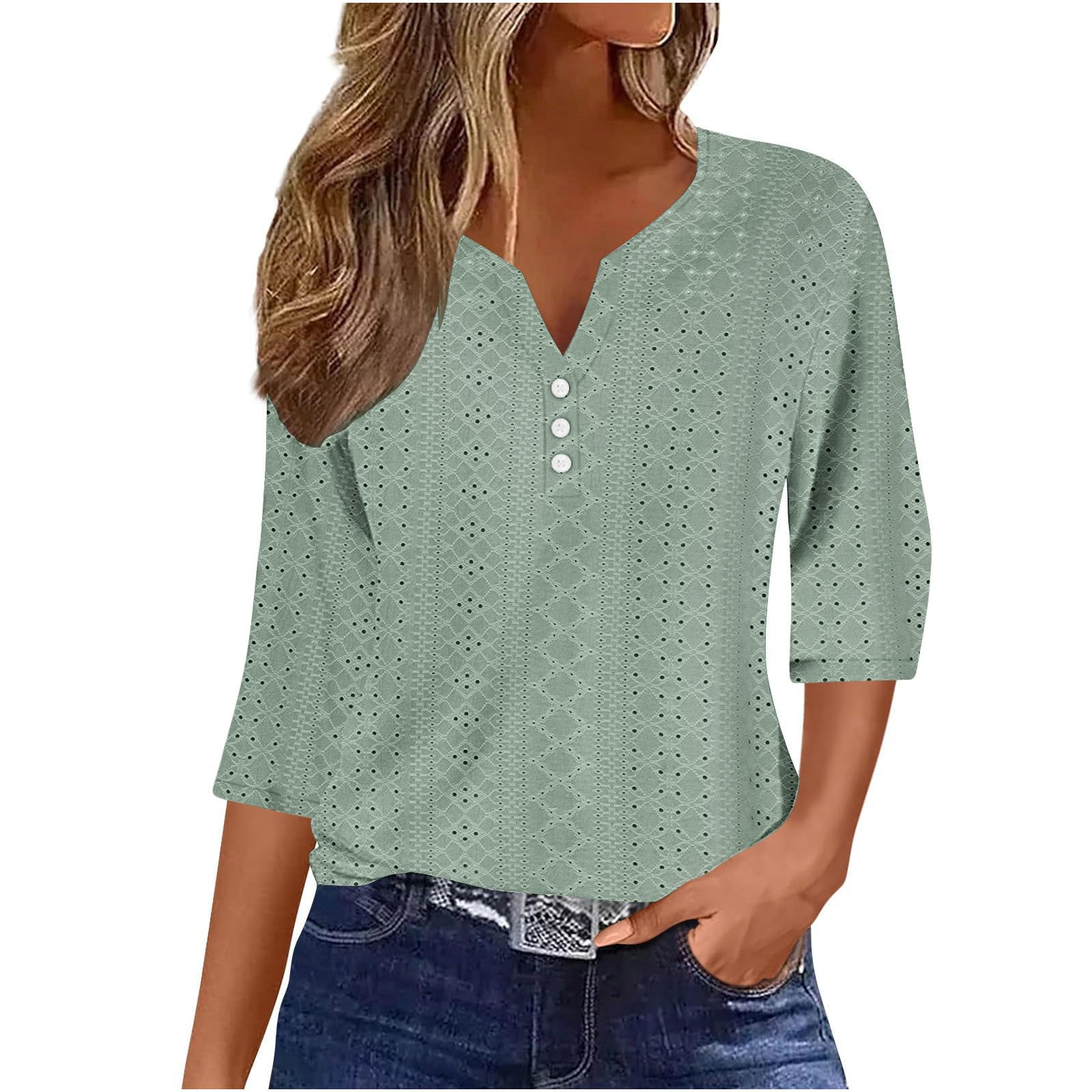 SMIDOWSummer Tops for Women 2025 Trendy 3/4 Sleeve v Neck Eyelet Shirts Dressy Casual Holiday Vacation Tunic Blouses