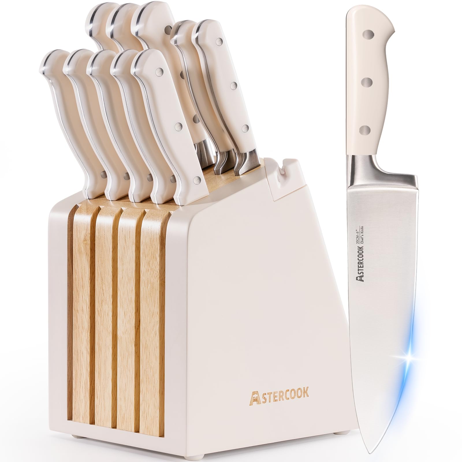 Astercook Knife Set Kitchen Knife Set with Block and Sharpener 12 Pcs Ultra-Sharp High Carbon Stainless Steel Knife