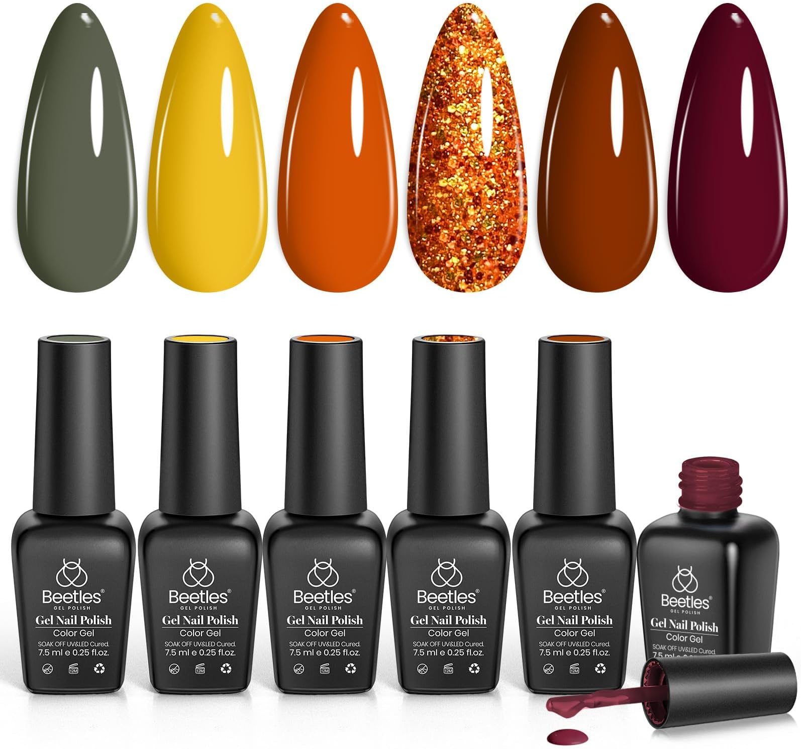Beetles Gel Nail Polish Set 6Pcs Brown Green Yellow Burgundy Orange Glitter Gel Polish Nails Art Soak off Uv LED Manicure Gift Set Golden Season Collection 2025 Nail Trend Gift for Women