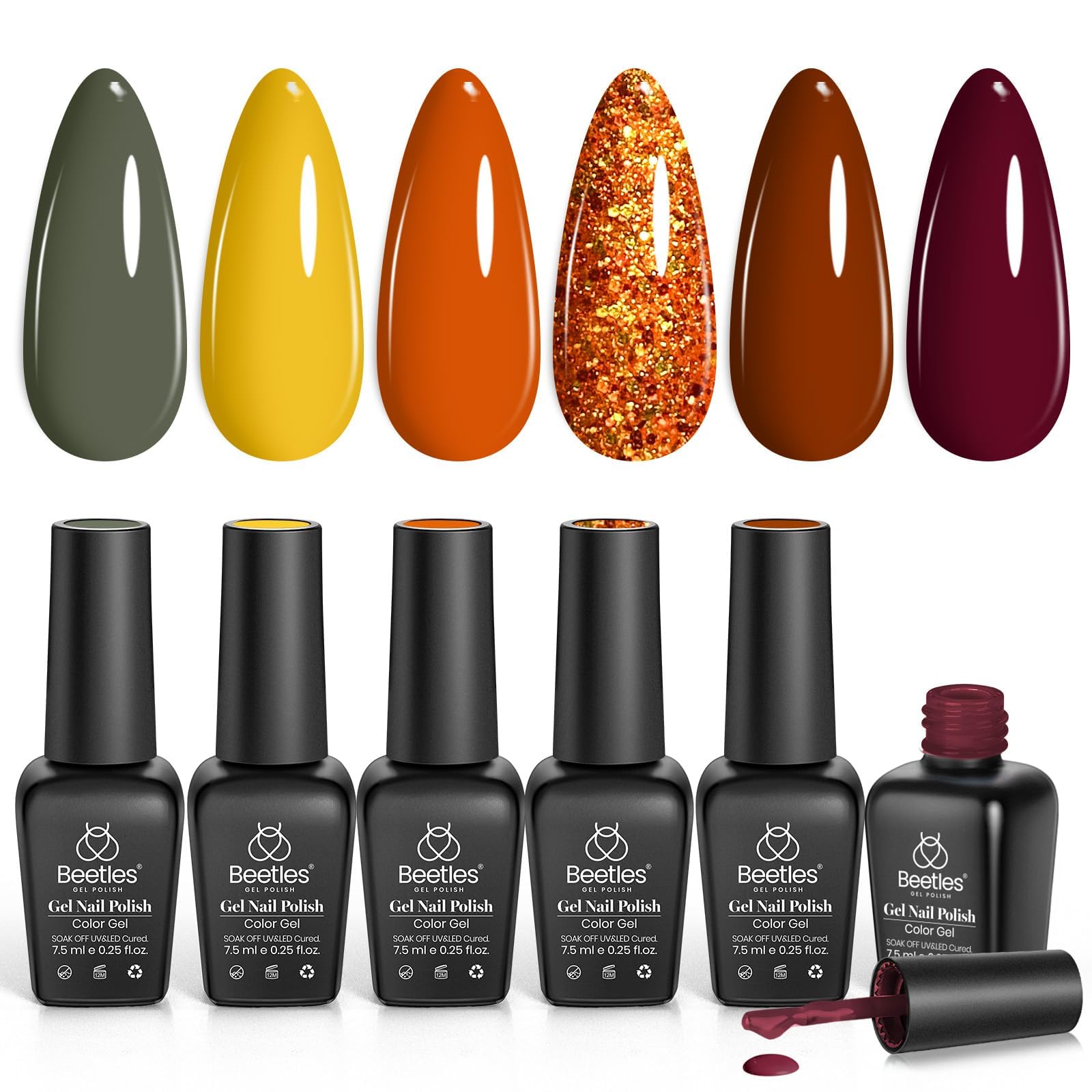 Beetles Gel Nail Polish Set, 6 Colors Burgundy Red Brown Yellow Orange Glitter Gel Nail Polish Soak Off UV Nail Art Design Manicure Gifts for Women
