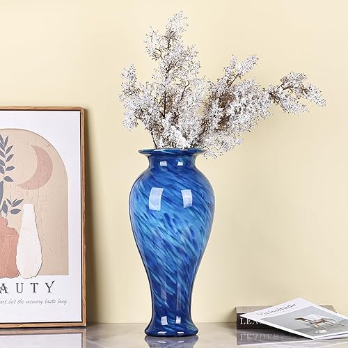Miniatura 9 de Jarrón de vidrio azul de 20 pulgadas de alto soplado a mano para decoración del hogar, bonito y moderno jarrones de flores azul oscuro, jarrones