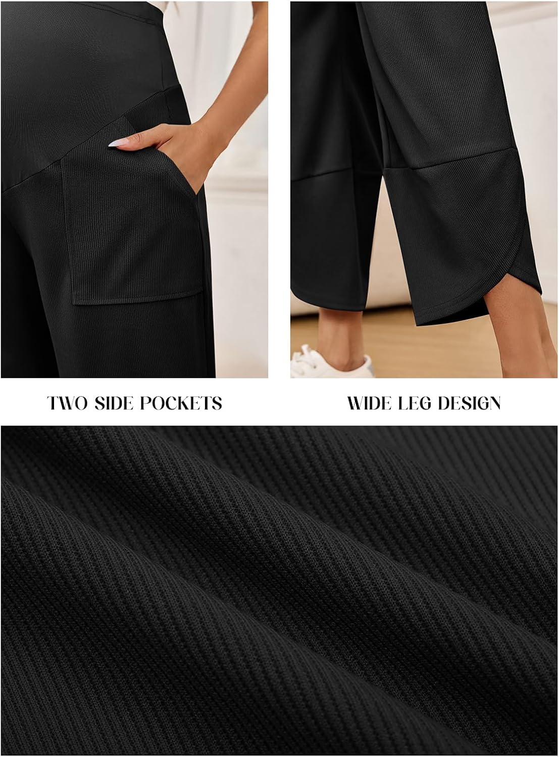 Yousify Womens Wide Leg Maternity Pants Casual Stretchy Ribbed Palazzo Pregnancy Trousers with Pockets - Image 4