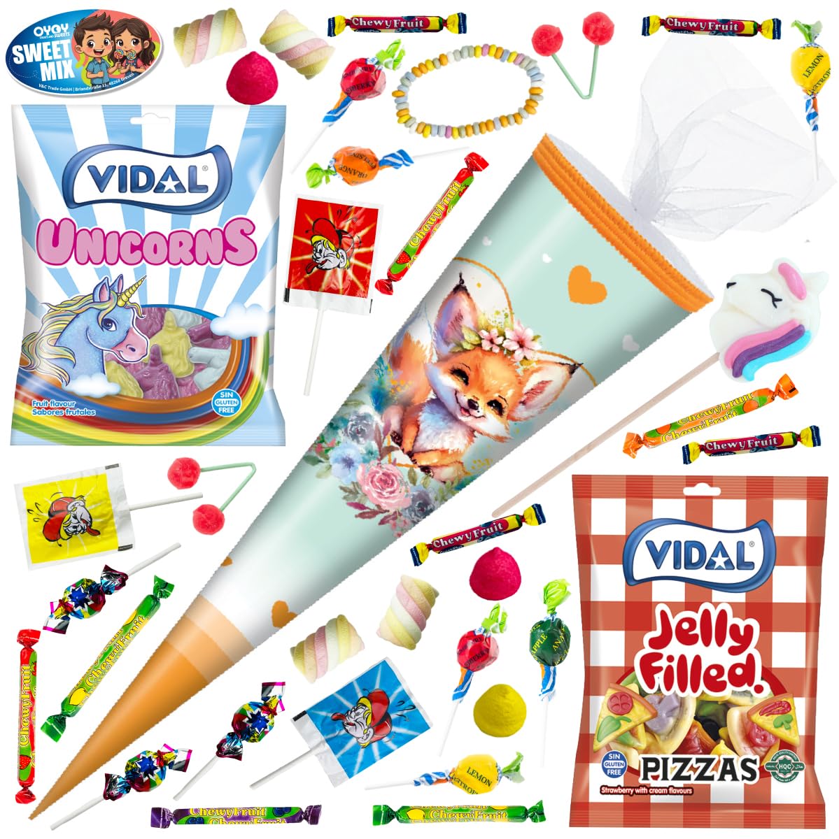 OYOY 50cm Schultüte gefüllt mit 515g Süßigkeiten Mix I Schultüte Fuchs I Einschulung Geschenk I Schultüte fertig gefüllt I Schultüte mittel mit Riesenlutscher Einhorn