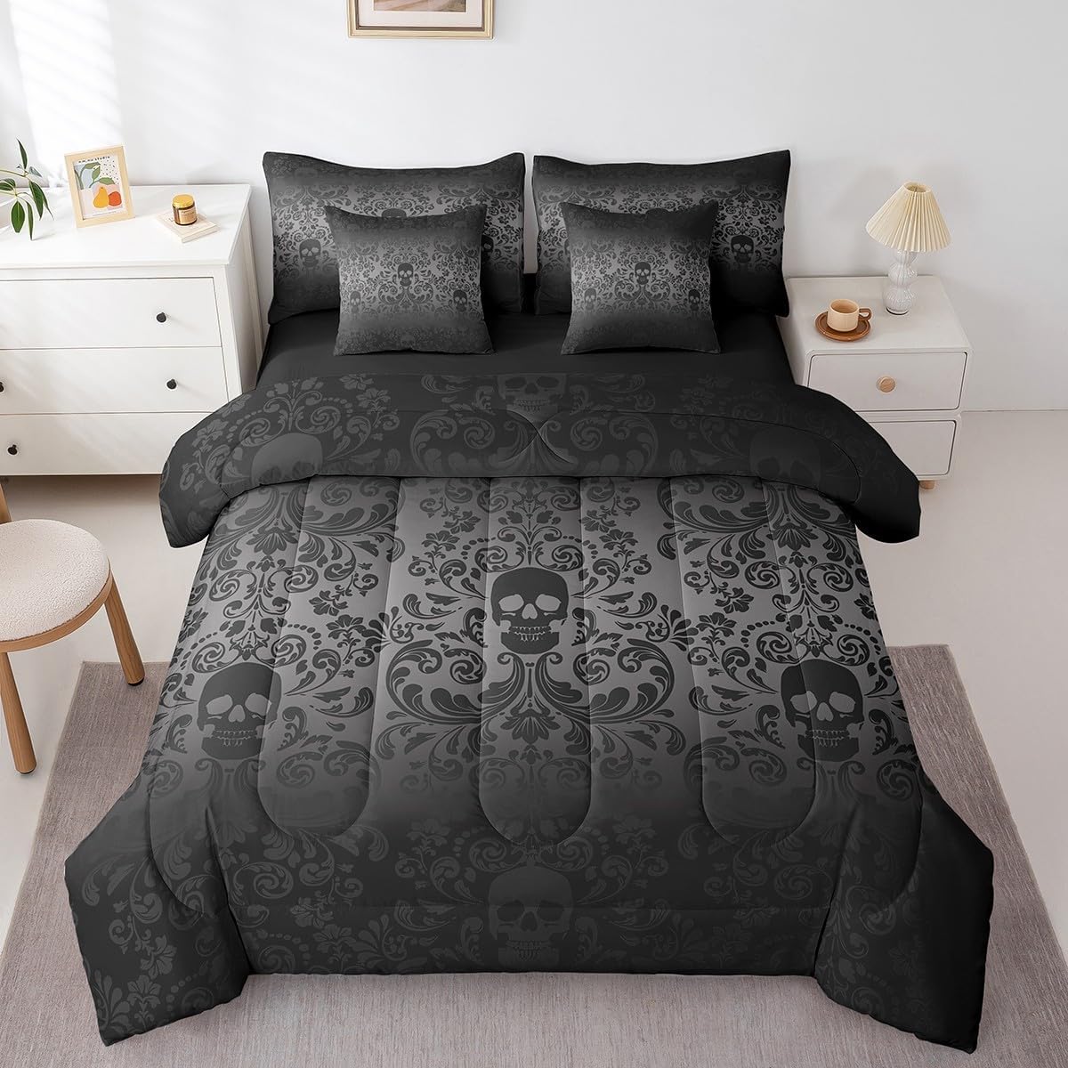 Damask Gothic Bedding Set Adults Antique Victorian Comforter Set 7 Piece Bed in a Bag Twin,Black Sugar Skull Sheet Set Vintage Baroque Floral Goth Bed Set,Exotic Bone Skeleton Bohemian Decor