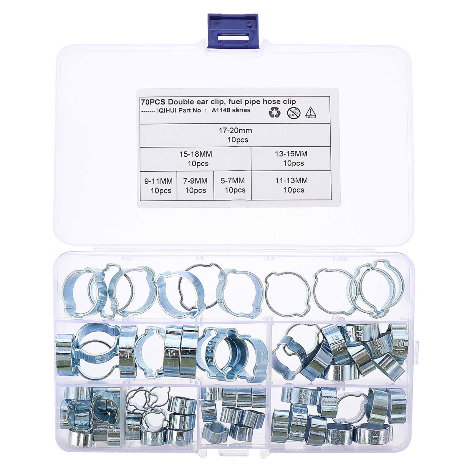 Collier de serrage à double oreille Mikikit en acier pour tuyaux de carburant, 70 pcs