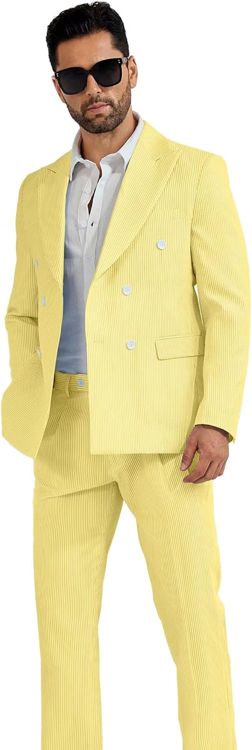 High-End Suits Men's Striped Seersucker Suits 2 Piece Slim Fit Wedding Double Breasted Tuxedo Summer Beach Suits Sets - Image 3