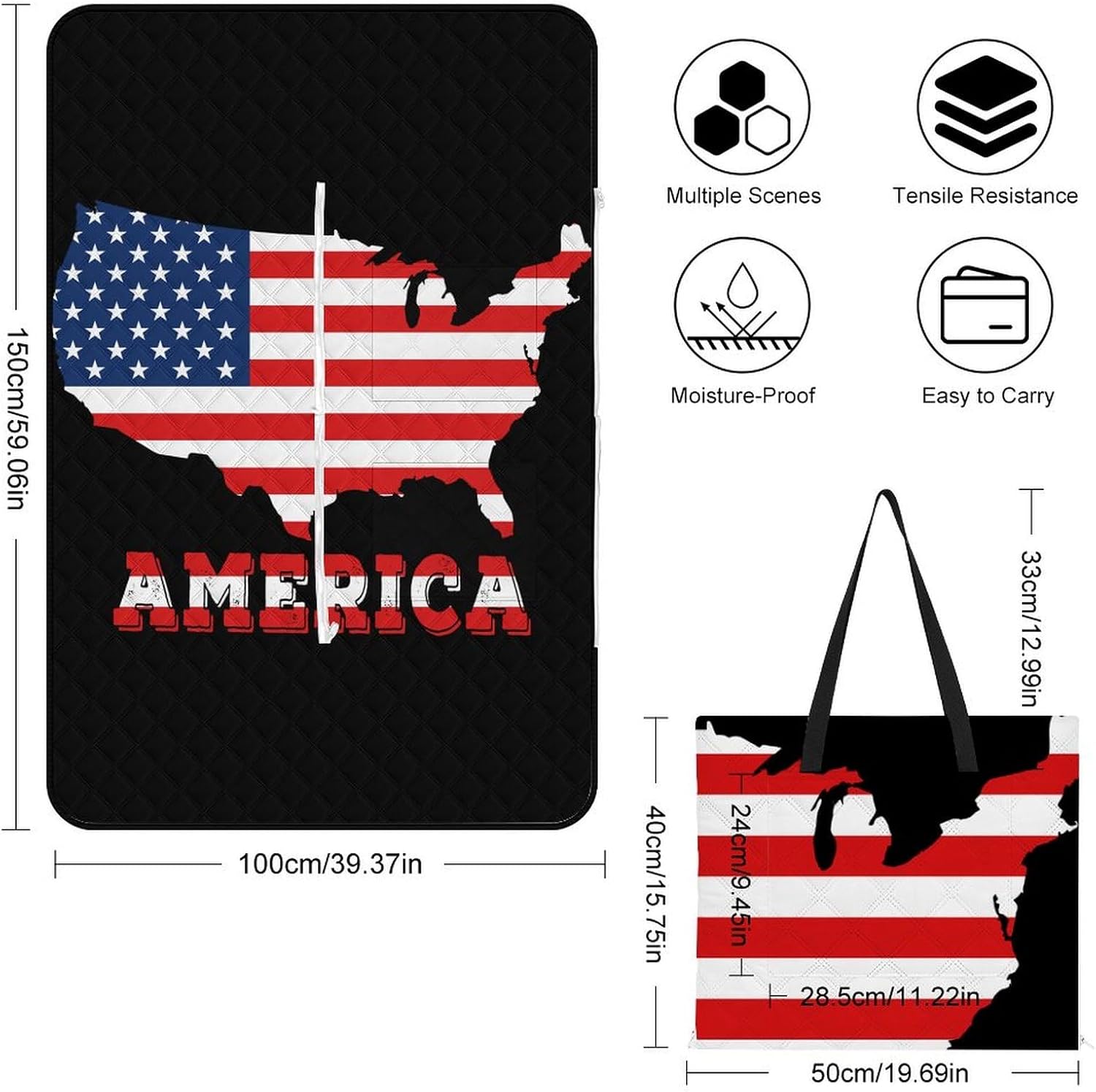 America Map Flag 1 Picnic Blankets,Portable Waterproof Foldable Picnic Mat,Sandproof Outdoor Mat for Park Picnic Blanket Accessories for Adults