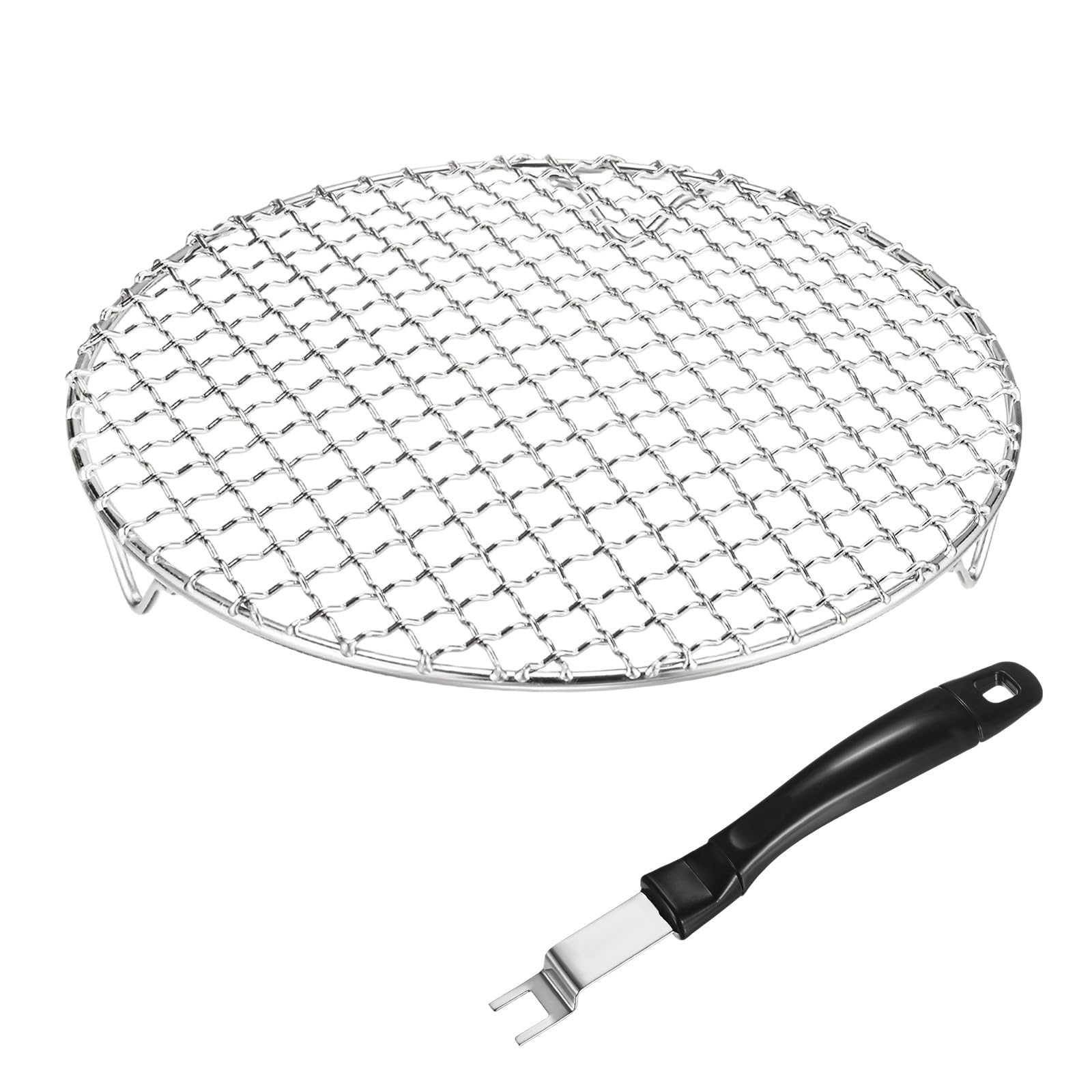 M METERXITY 2-Pack Cooling Rack, 9.4" Round 201 Stainless Steel Baking Rack with Grill Grate Lifter Gripper for Grilling/Cooking/Steaming/Baking, Cross Wire Grate Cooling Rack [Silver Tone]