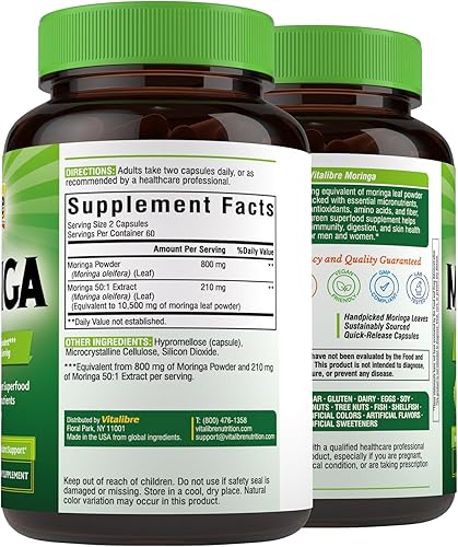 Miniatura 8 de Moringa 11300 mg, potencia máxima, superalimento verde completo, rico en antioxidantes, sin gluten ni cafeína, sin OMG, energía, inmune, salud