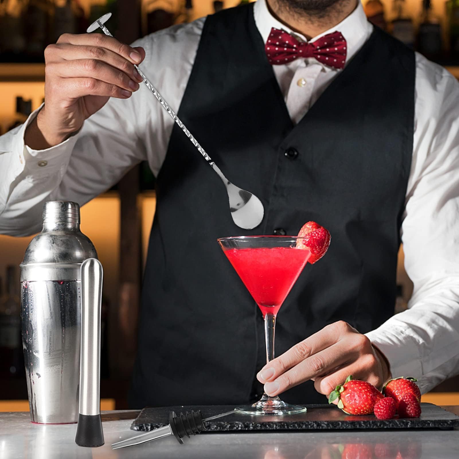 Kit da Barman 4 Pezzi, Misurino Doppio per Cocktail in Acciaio Inox con Tappo Versatore, Manico a Spirale Ergonomico Cucchiaio da Bar e Pestello, Set di strumenti per miscelare bevande
