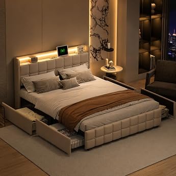 BRILVERDE Upholstered Bed 180 x 200 cm with Storage Space Double Bed with LED/USB Youth Bed with 4 Drawers Bed Frame with Headboard and Slatted Frame Linen Beige 180 x 200 cm
