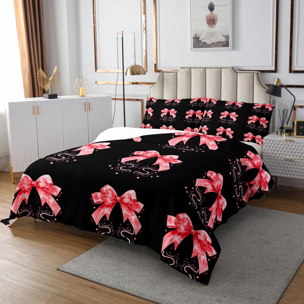 Erosebridal Red Ribbon Bowknot Bedspread Sets King Size for Kids Boys Girls,Cute Kawaii Bow Coverlet Sets Dreamy Princess Bow Tie Quilt Set Modern Simple Bedding Set 3 Pcs