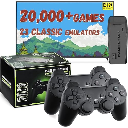 New Retro Gaming Console & Game Stick Pro - 40,000+ Classic Video Games, 23 Emulators, Dual Wireless Controllers, 4K HDMI Output, Plug & Play, Compatible with TV, PC, Projector, 64GB