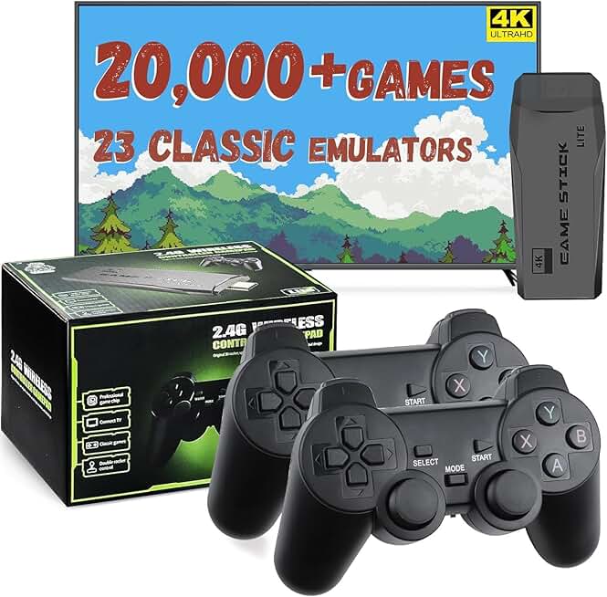 LIUWEI New Retro Gaming Console &amp; Game Stick Pro - 20,000+ Classic Video Games, 23 Emulators, Dual Wireless Controllers, 4K HDMI Output, Plug &amp; Play, Compatible with TV, PC, Projector, 64GB
