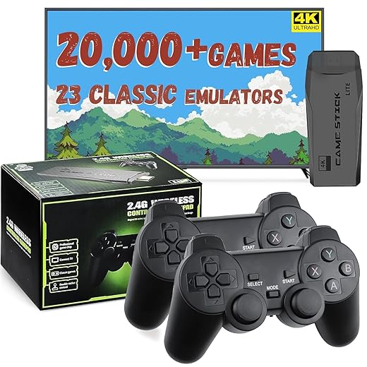 LIUWEI New Retro Gaming Console & Game Stick Pro - 20,000+ Classic Video Games, 23 Emulators, Dual Wireless Controllers, 4K HDMI Output, Plug & Play, Compatible with TV, PC, Projector, 64GB