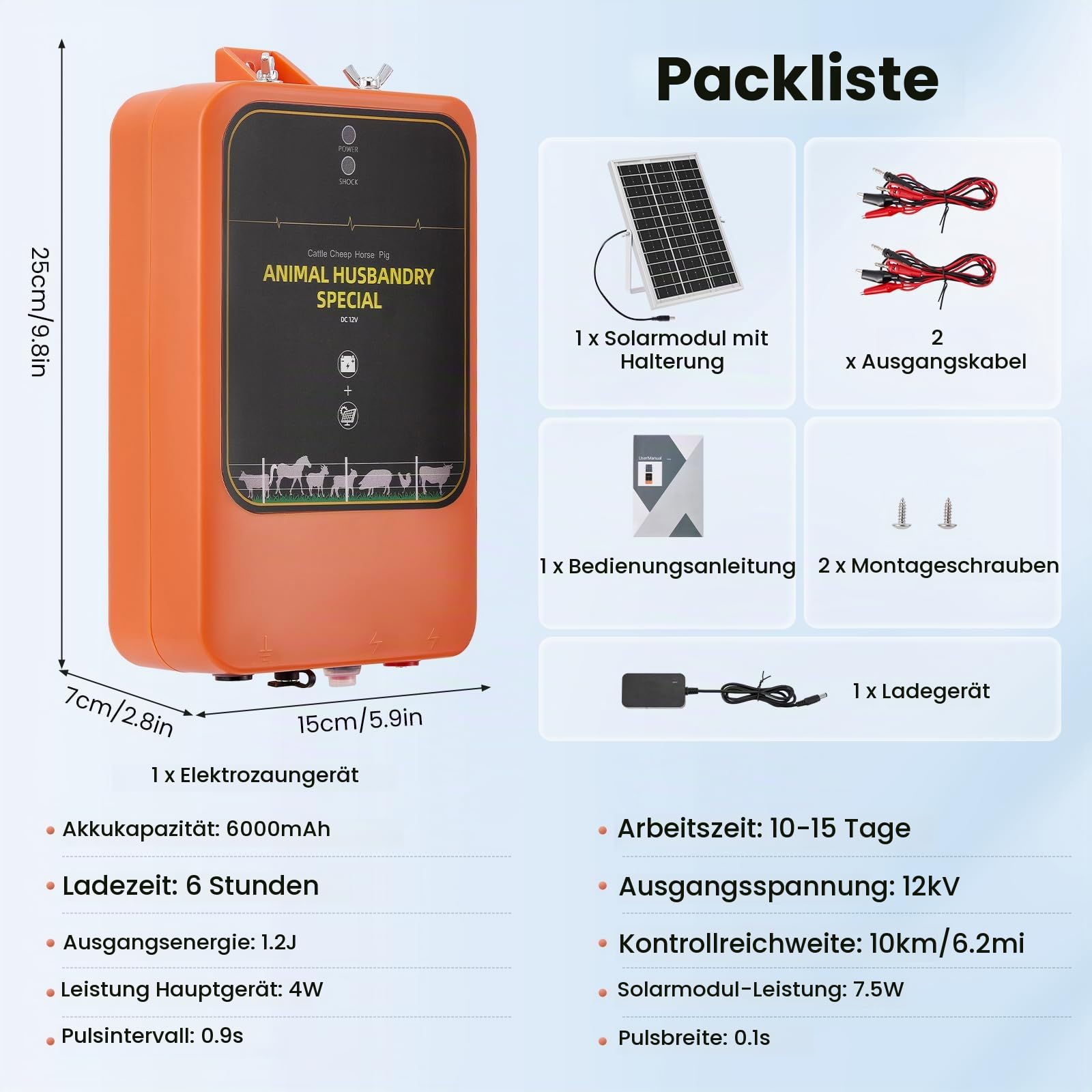 10km Solar Elektrozaungerät, 1.2J 12kV Wiederaufladbarer Weidezaungerät mit Solarpanel & Netzteil, IP65 Wasserdicht für Vieh, Bauernhof, Weide, Geflügel