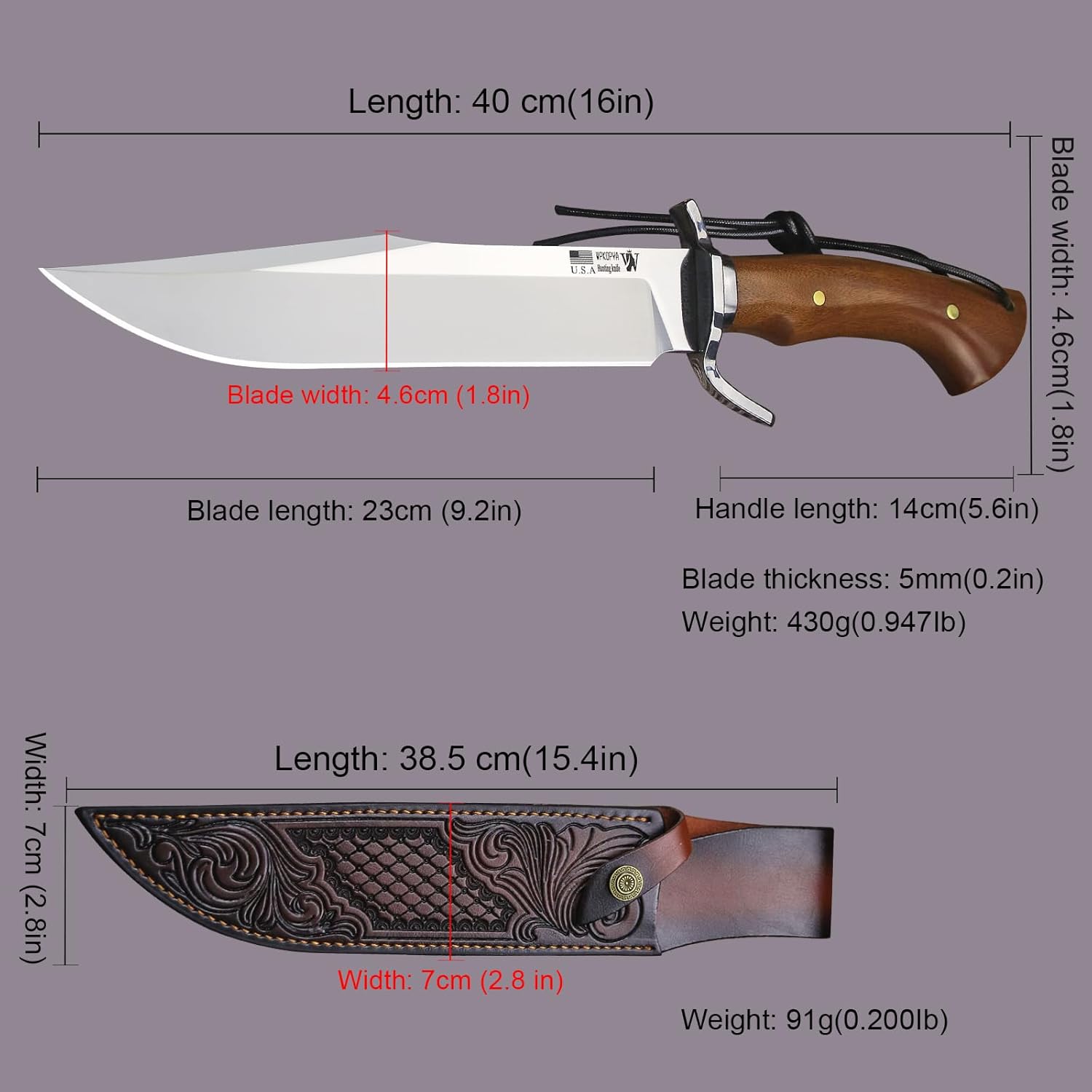 WPKOPYA Bowie Knife (Mirror Light) 16” 9Cr18MoV Steel, 5mm Thick Blade with Rosewood Handle, Copper Rivets and Premium Leather Sheath – Outdoor Hunting, Survival, Camping Knife (Tactical style)