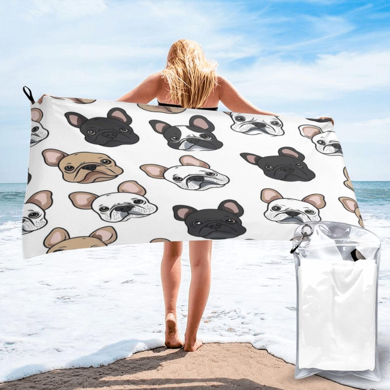 Anceky Pattern of French Bulldog Heads Quick Dry Microfiber Travel Towel with Carry Case and Carabiner 27.5"X55"