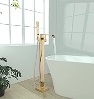 Pafilly Brushed Gold Freestanding Bathtub Faucet - Floor Mount Waterfall Tub Filler, High Flow Hand Shower, Solid Brass 360° Swivel