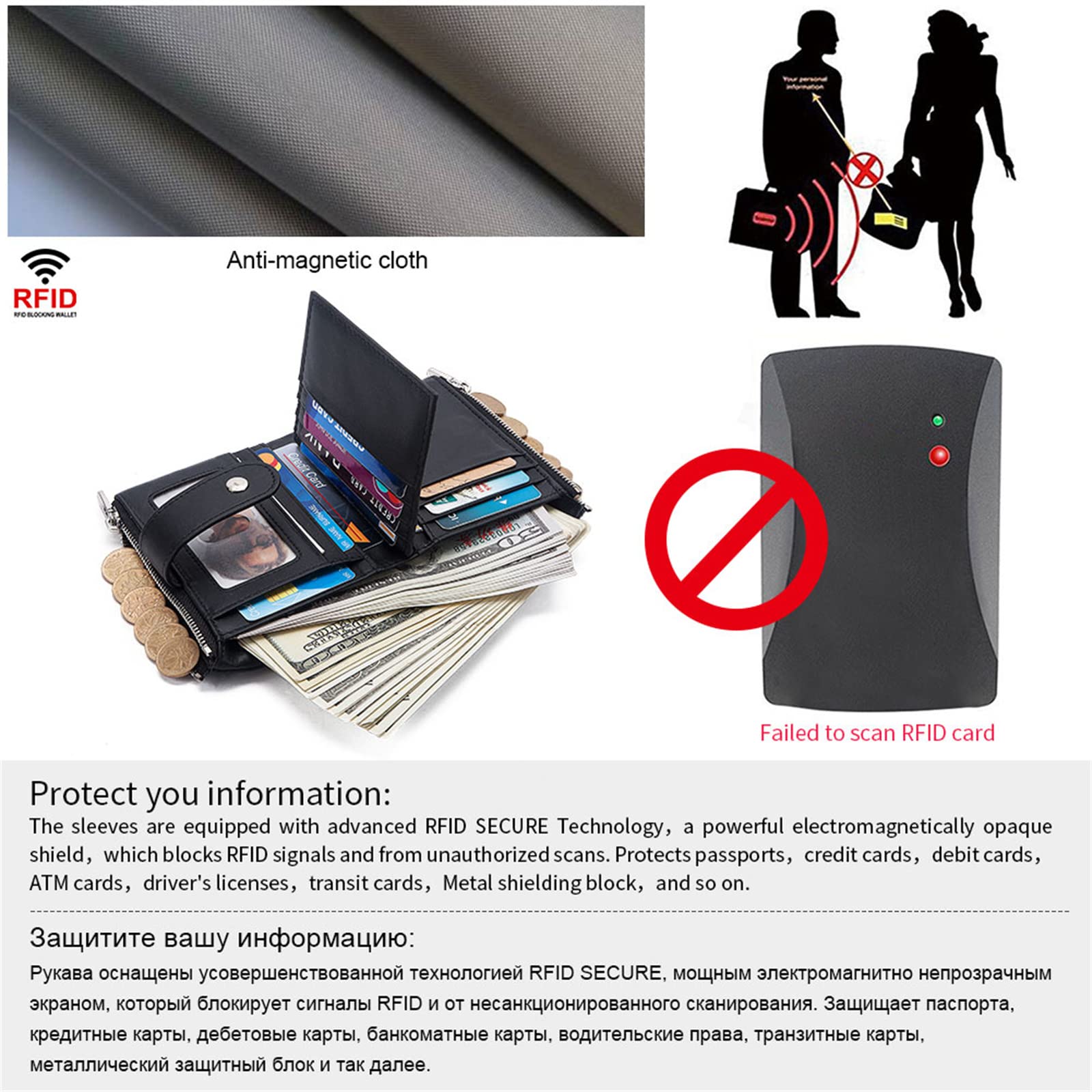 Cartera Hombre y Mujer Cuero Genuino Bloqueo RFID Billeteras Bifold con Monedero con Cremallera Botón a presión Tarjetero Ranuras Portamonedas Pequeña Carteras con Cadena Regalo