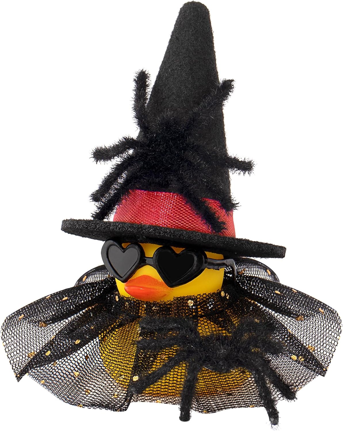 wonuu Car Dashboard Spider Witch Rubber Ducks for Halloween, Decorations Duck for Office Desk Ornament Accessories with Hat Glasses Skirt, for Halloween Party Gifts (Gold Point Skirt Purple)