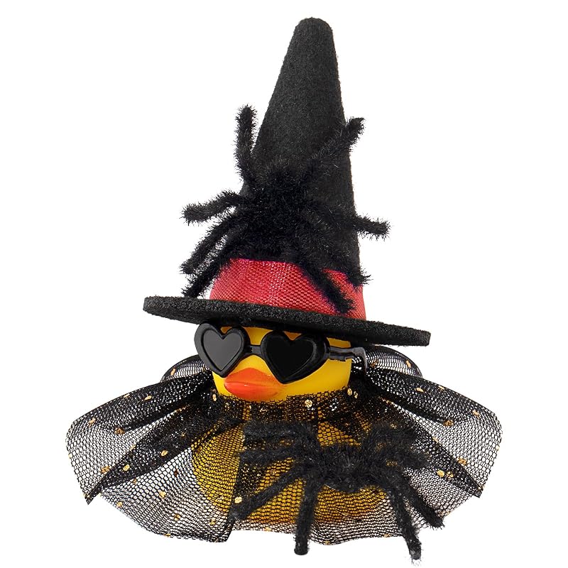 Pato de Borracha Decorativo para Painel de Carro, Tema Halloween, Fantasia de Bruxa com Chapéu, Óculos, Saia e Aranhas, wonuu YAR245, 1 unidade