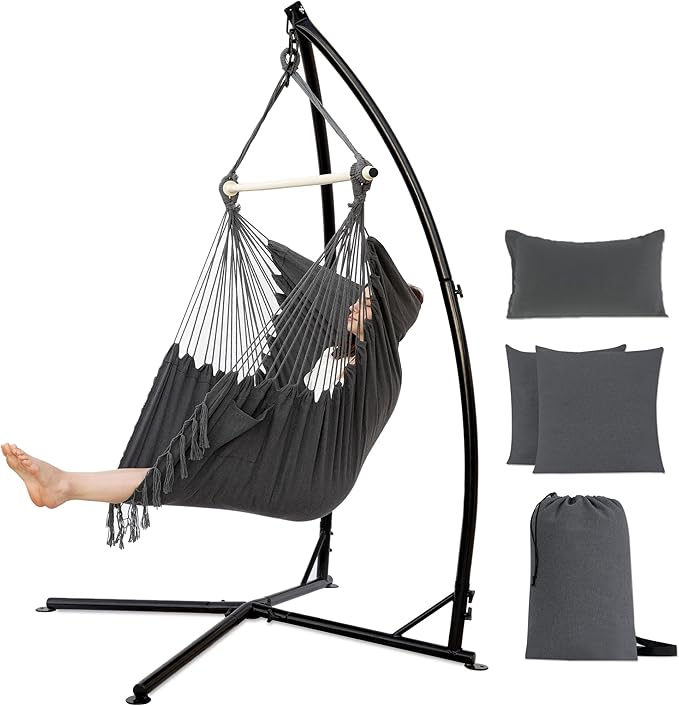 PNAEUT Hammock Chair with Stand Indoor Outdoor, Hanging Egg Swing Chair with Patented Adjustable Pillow, 2 Cushions, Bag, for Bedroom Balcony Patio, Stand 350lbs / Chair 500lbs Capacity (Dark Gray)