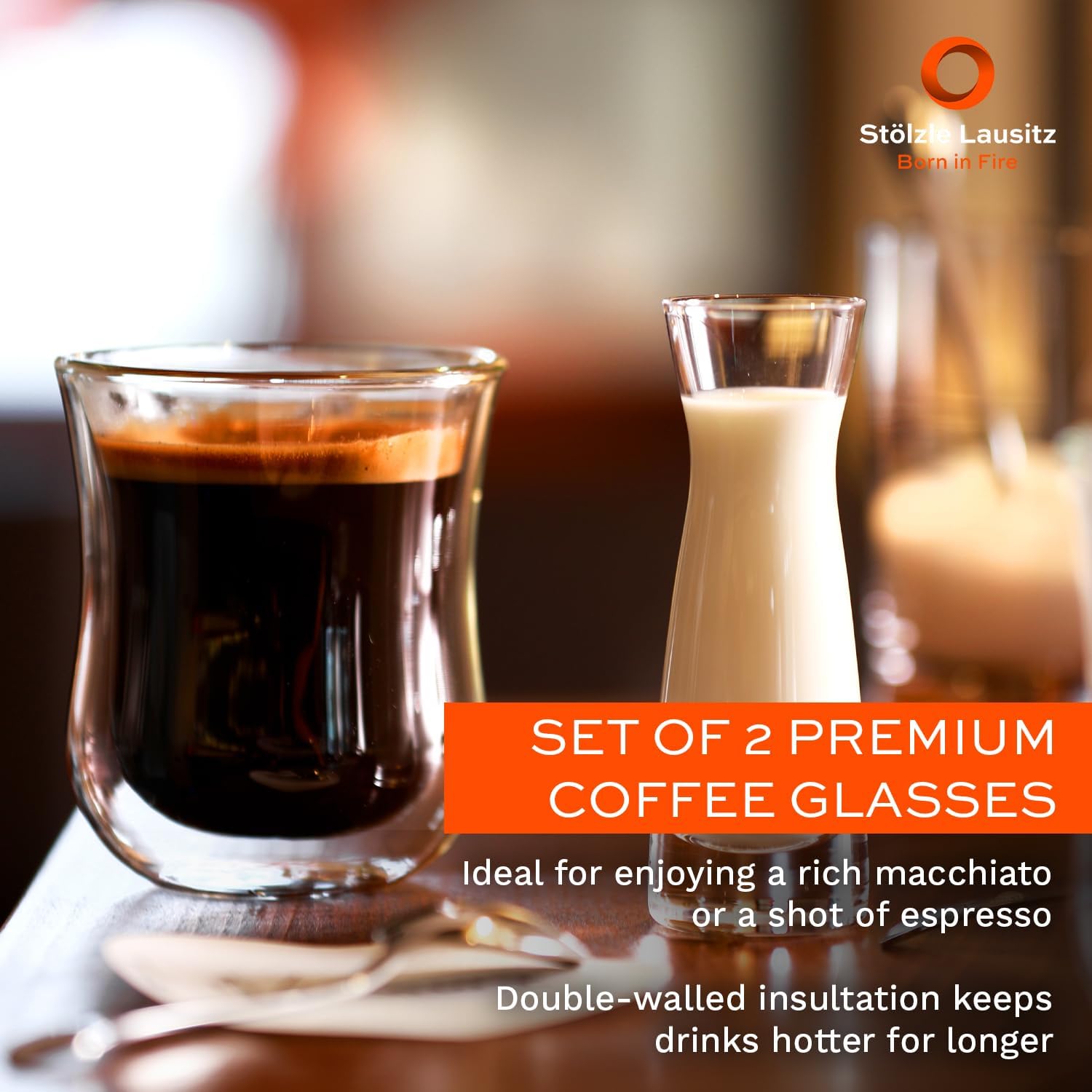 Stölzle Lausitz Set of 2 Coffee 'N More Espresso Cups (Medium / 6 Fl oz). Coffee Cups, Double Walled Glass Coffee Mugs for Hot or Cold Drinks - Genuine Stölzle Insulated Glass Coffee Mugs