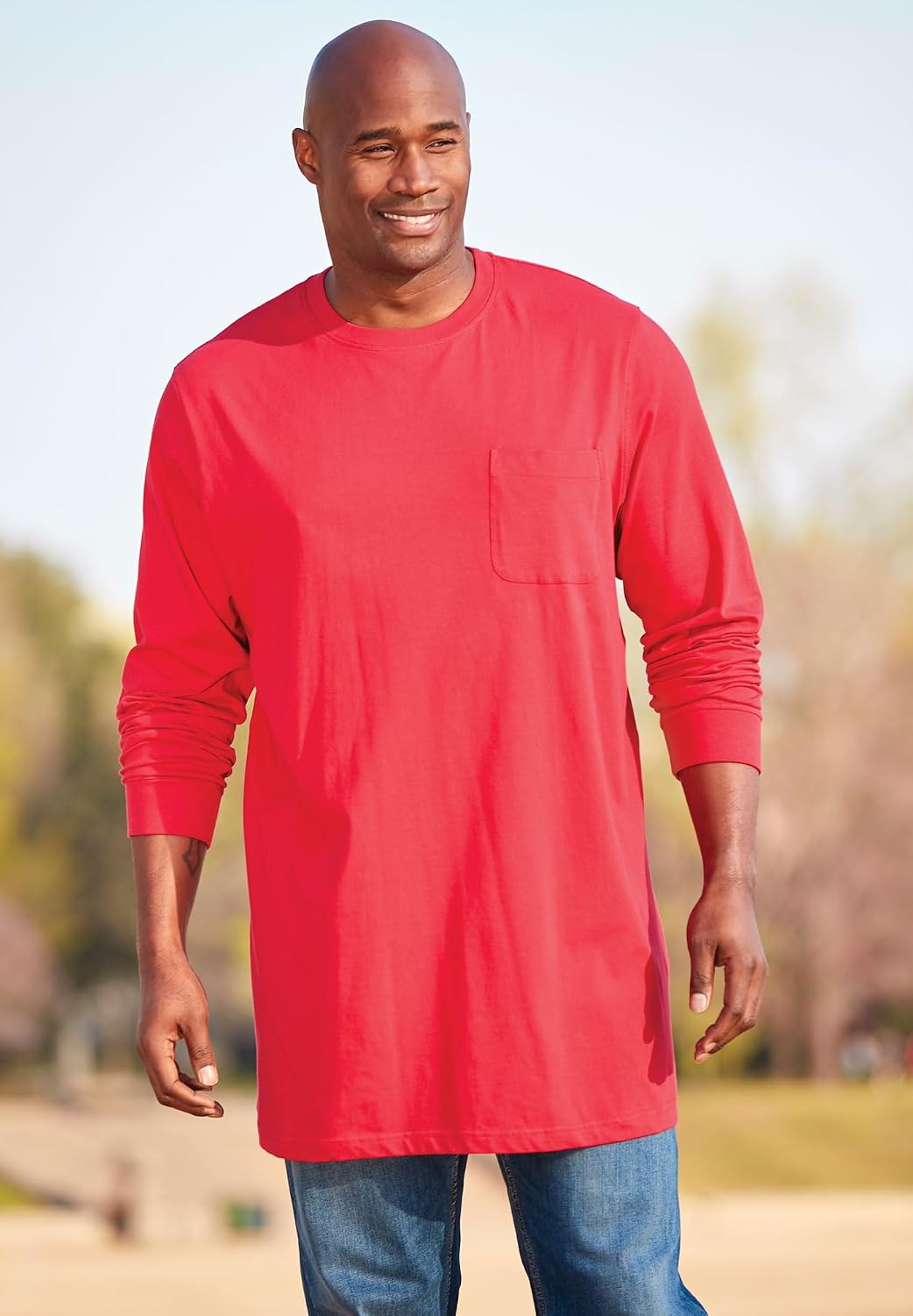 KingSize Men's Big & Tall Shrink-Less Lightweight Longer-Length Long-Sleeve Crewneck Pocket Tee