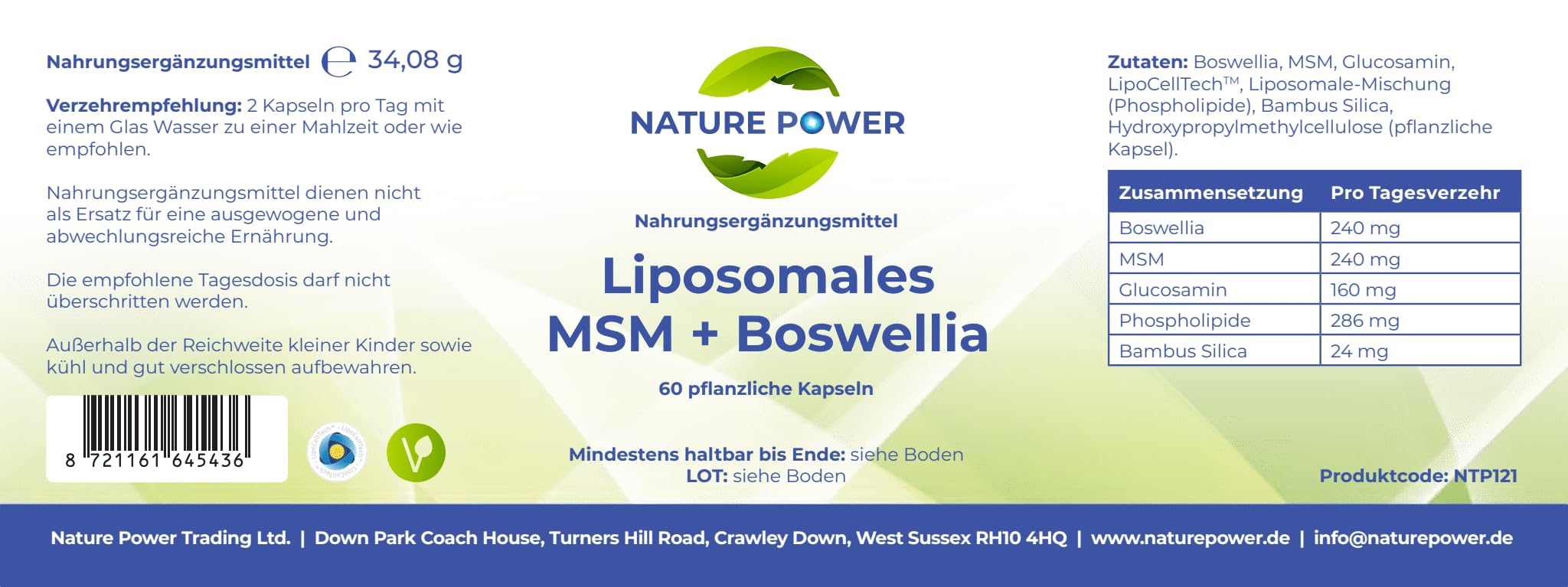 Liposomales MSM + Boswellia | 60 pflanzliche Kapseln | Maximale Bioverfügbarkeit | Lange Haltbarkeit | gentechnikfrei und vegan | von Nature Power