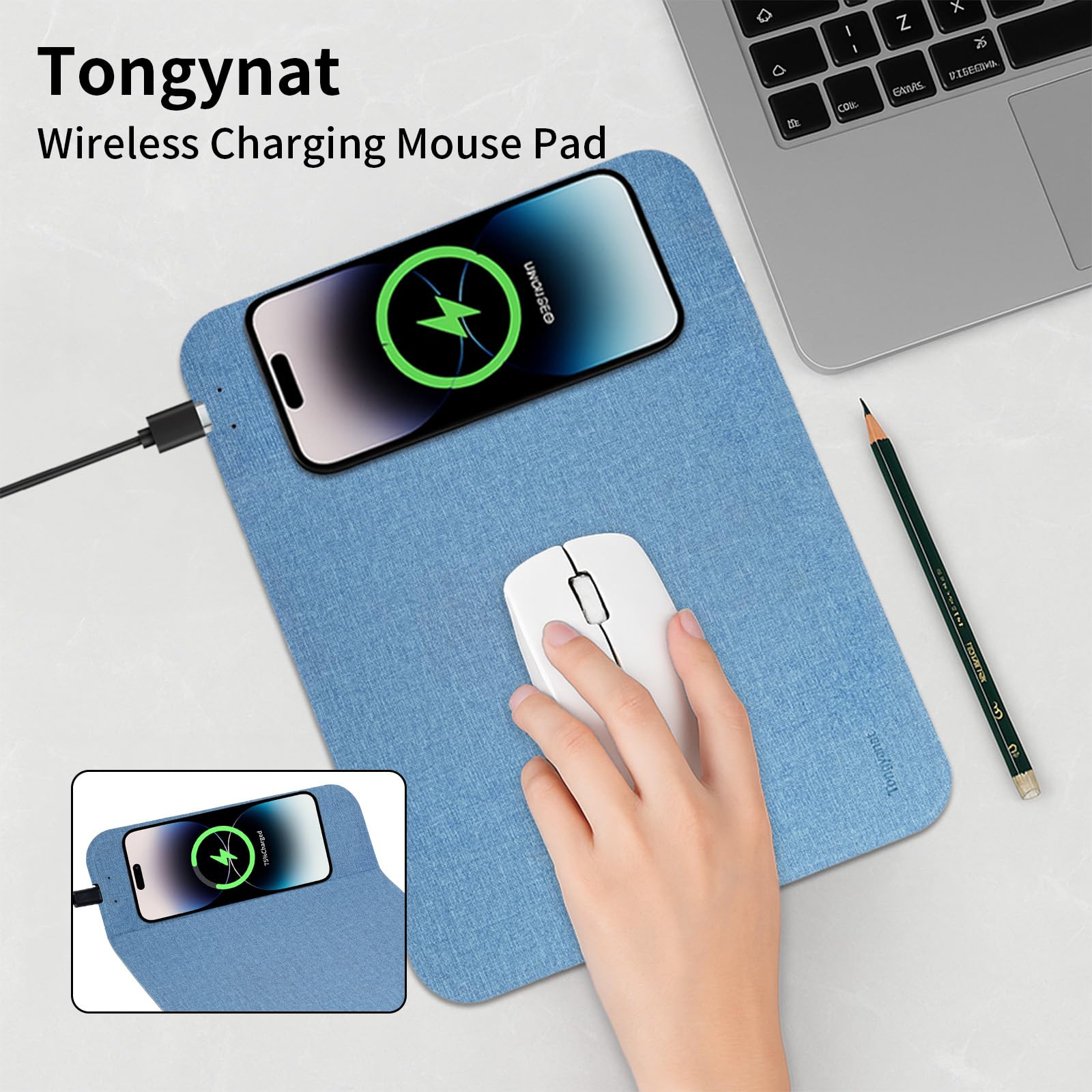 Tappetino per mouse con ricarica wireless veloce, 15 W, tappetino per scrivania da ufficio con superficie ultra liscia base in gomma antiscivolo, tappetino per mouse impermeabile per computer/ufficio