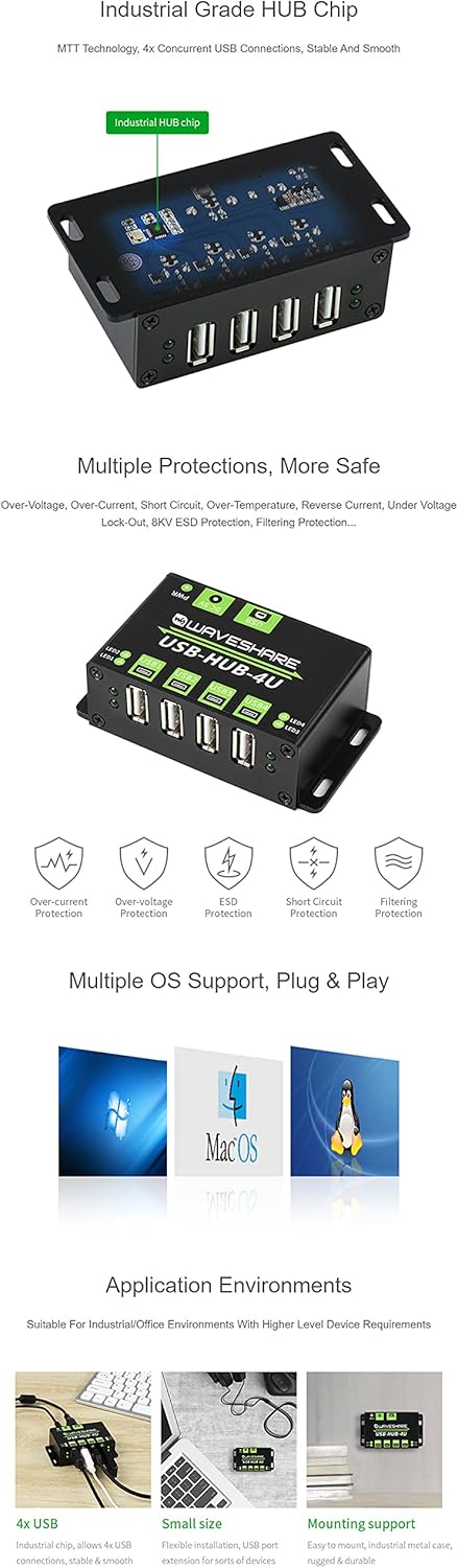 Industrial Grade USB HUB, with Metal Case, Extending 4X USB 2.0 Ports, ESD Protection, Support Multiple OS, Plug & Play