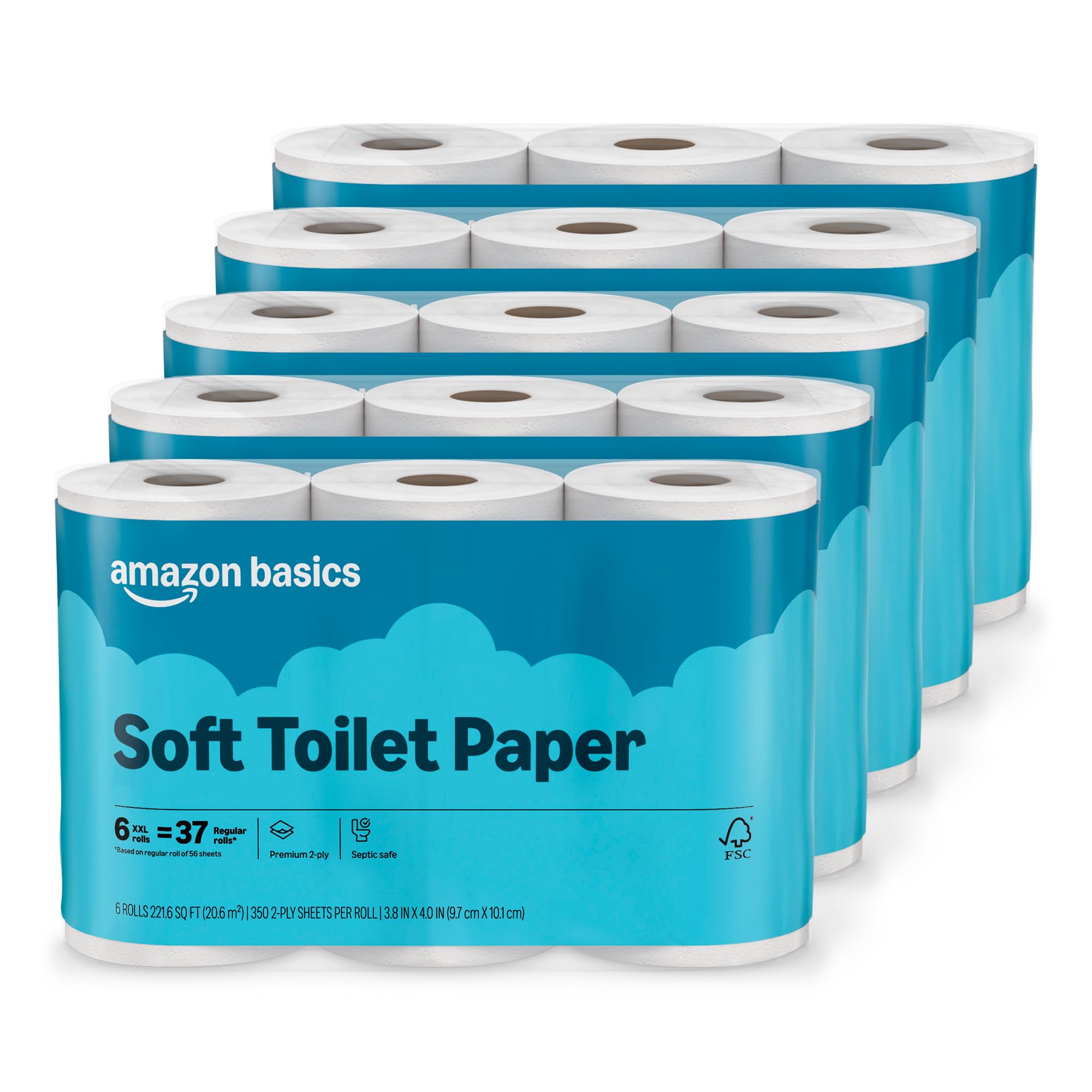 amazon basics 2-ply soft toilet paper 30 rolls 5 packs of 6 equivalent to 185 regular rolls packaging may vary