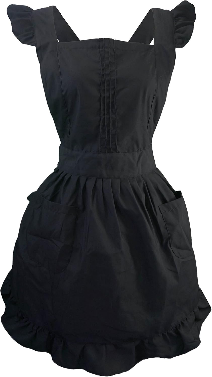 Retro Adjustable Ruffle Apron with Pockets, Small to Plus Size Ladies