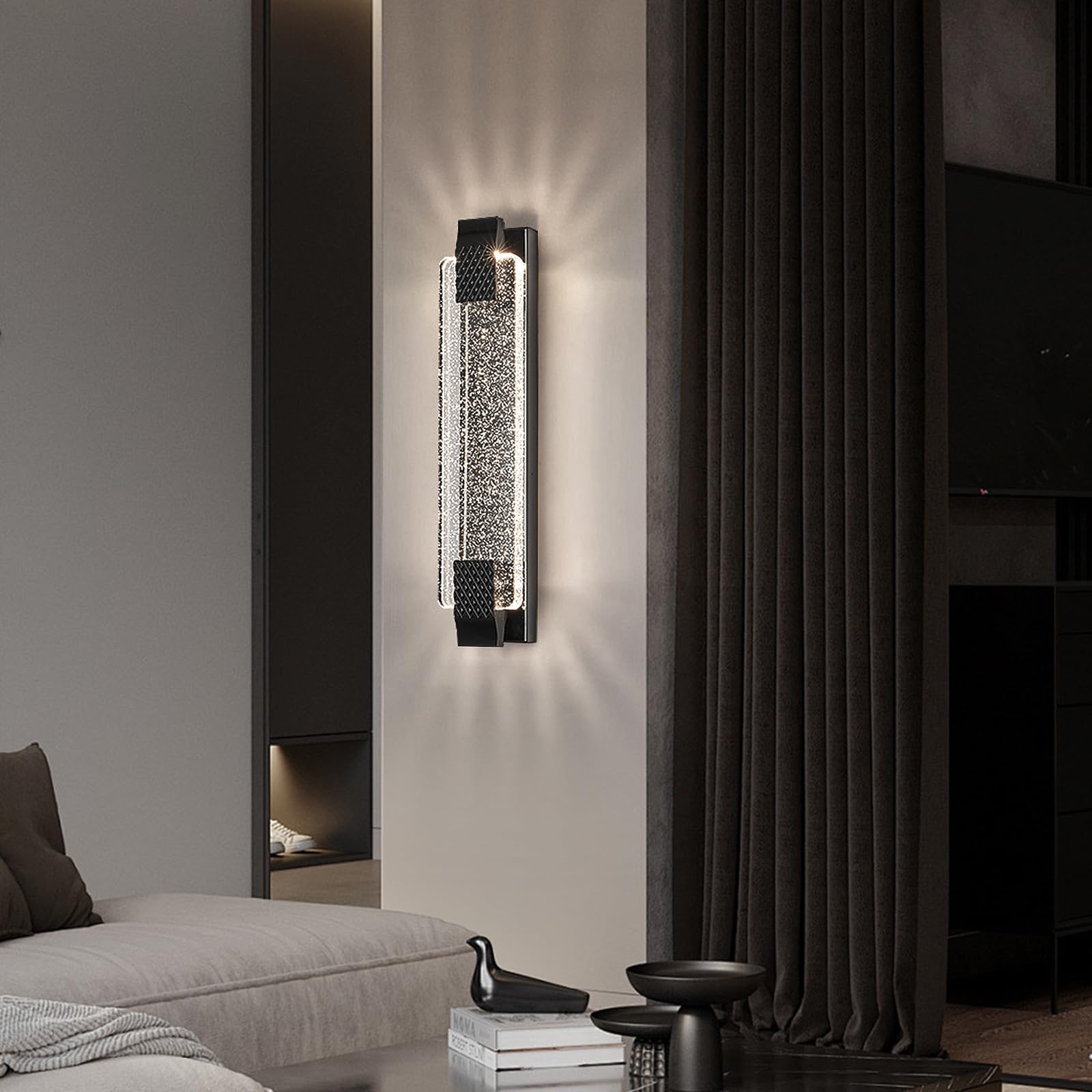 Aplique de Pared de LED Nórdico Lámpara de Pared de Cristal,Iluminación Tricolor (Cálida/Blanca/Neutra) para Sala de Estar Escaleras Dormitorio, Negro