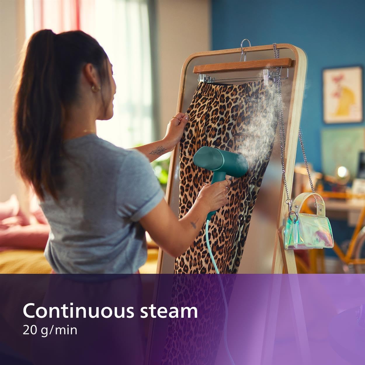 Philips Portable Steamer, Series 3000-1000W, Steam 20g/min, Removable Water Tank 120ml, Metal Plate, Heating Plate, Includes Cover, Light Weight 660g, Dark Green