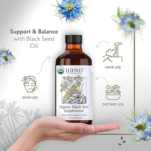 Vista 2 de HBNO Aceite orgánico de semillas negras – Enorme botella de vidrio de 8 onzas (8.1 fl oz), aceite de semilla negra orgánica certificado por USDA