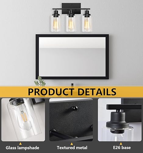 Miniatura 3 de Lámparas de baño, 3 luces, lámpara de tocador negra con pantalla de vidrio transparente, lámpara de pared moderna con marco de metal, lámparas de