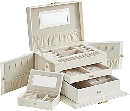 SONGMICS JBC121W02 3 Tier Jewellery Box Jewellery Box with 2 Drawers Portable Mini Travel Box Handle, Closure, Gift Idea, PU White Cloud White, Cream Lining