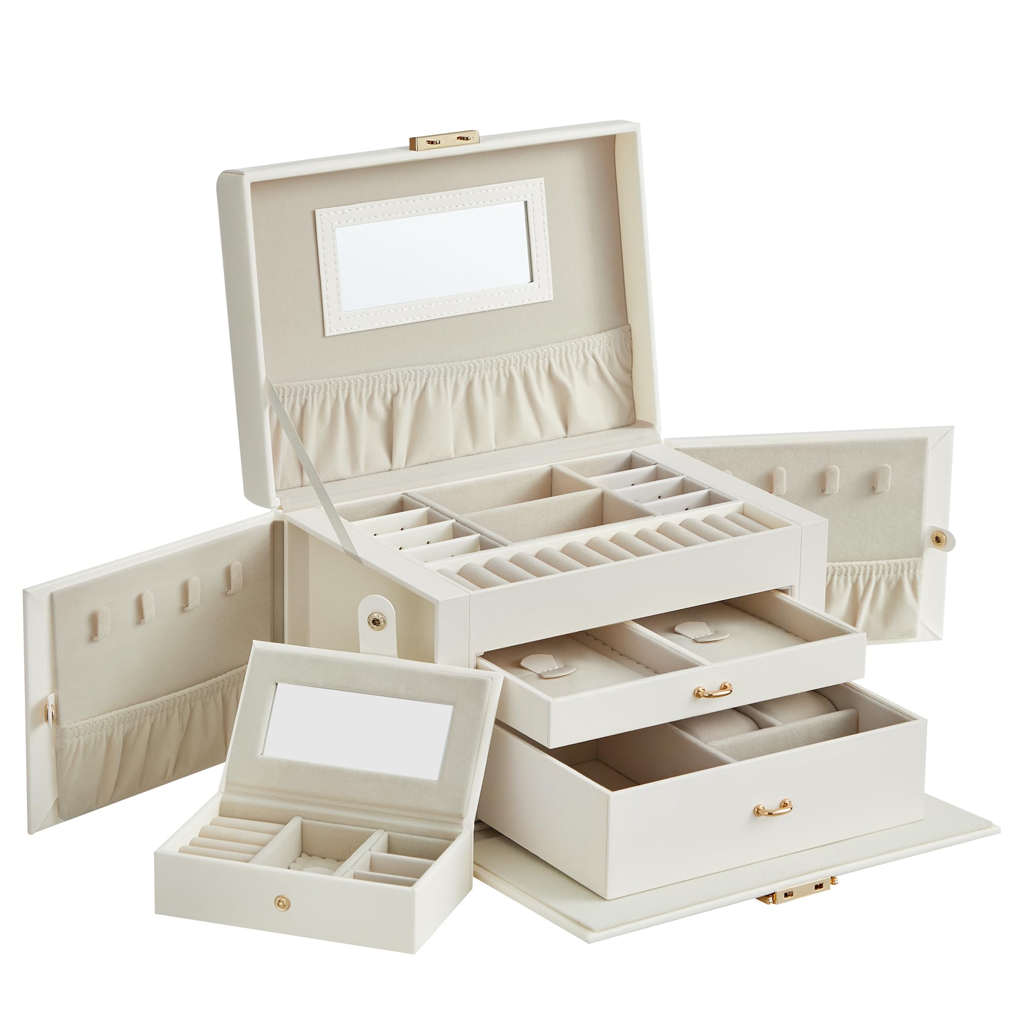 SONGMICS Scatola Portagioie a 3 livelli, Porta Gioielli con 2 Cassetti, con Mini Box Portatile da Viaggio, Maniglia, Chiusura, Idea Regalo, PU Bianco Nuvola, Fodera Bianca Crema JBC121W02