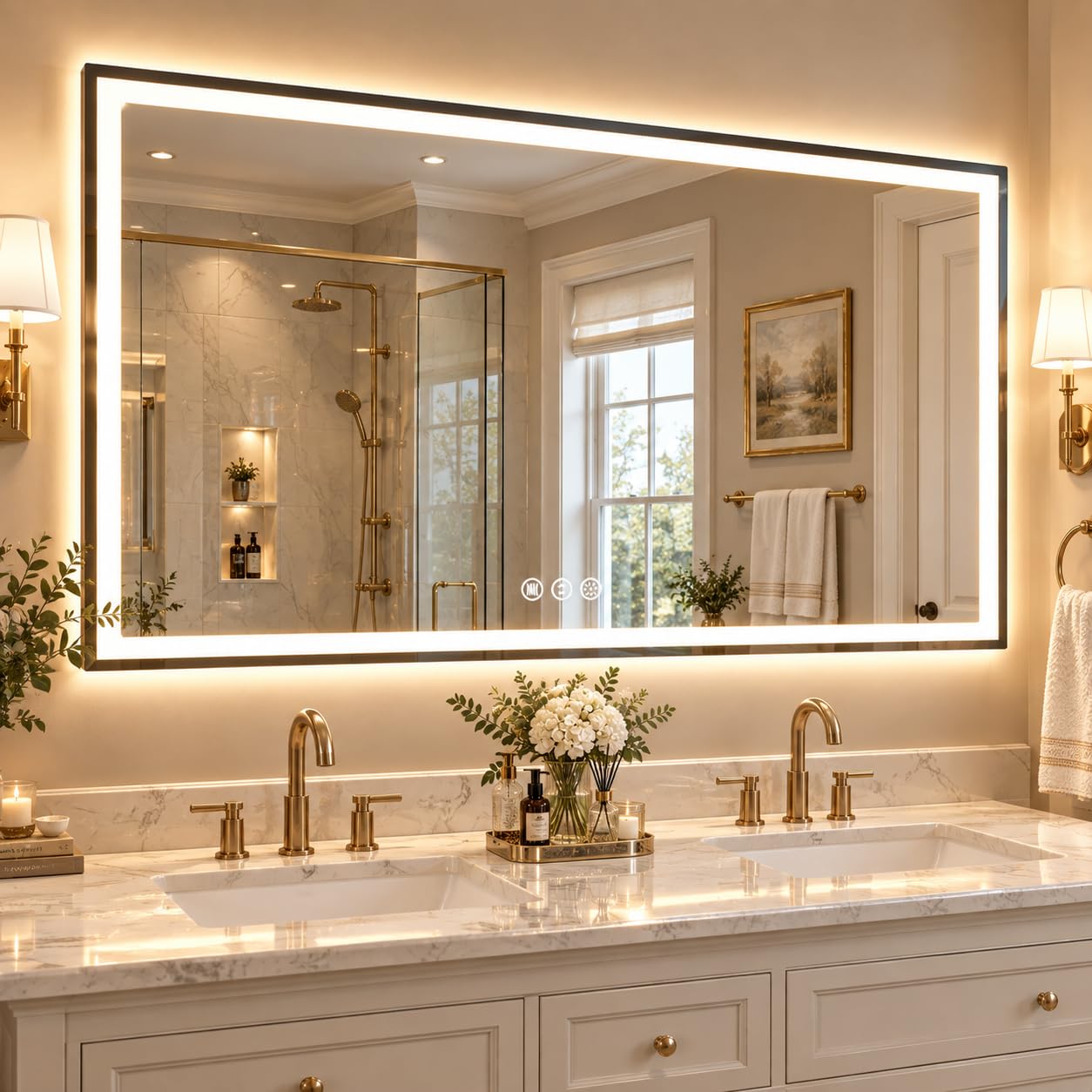 60"x 40" LED Bathroom Mirror with Lights, Front and Backlight, Dimmable Smart Mirror Bathroom, Anti-Fog, 3 Colors Lighted Bathroom Vanity Mirror for Wall Tempered Glass (Horizontal/Vertical)