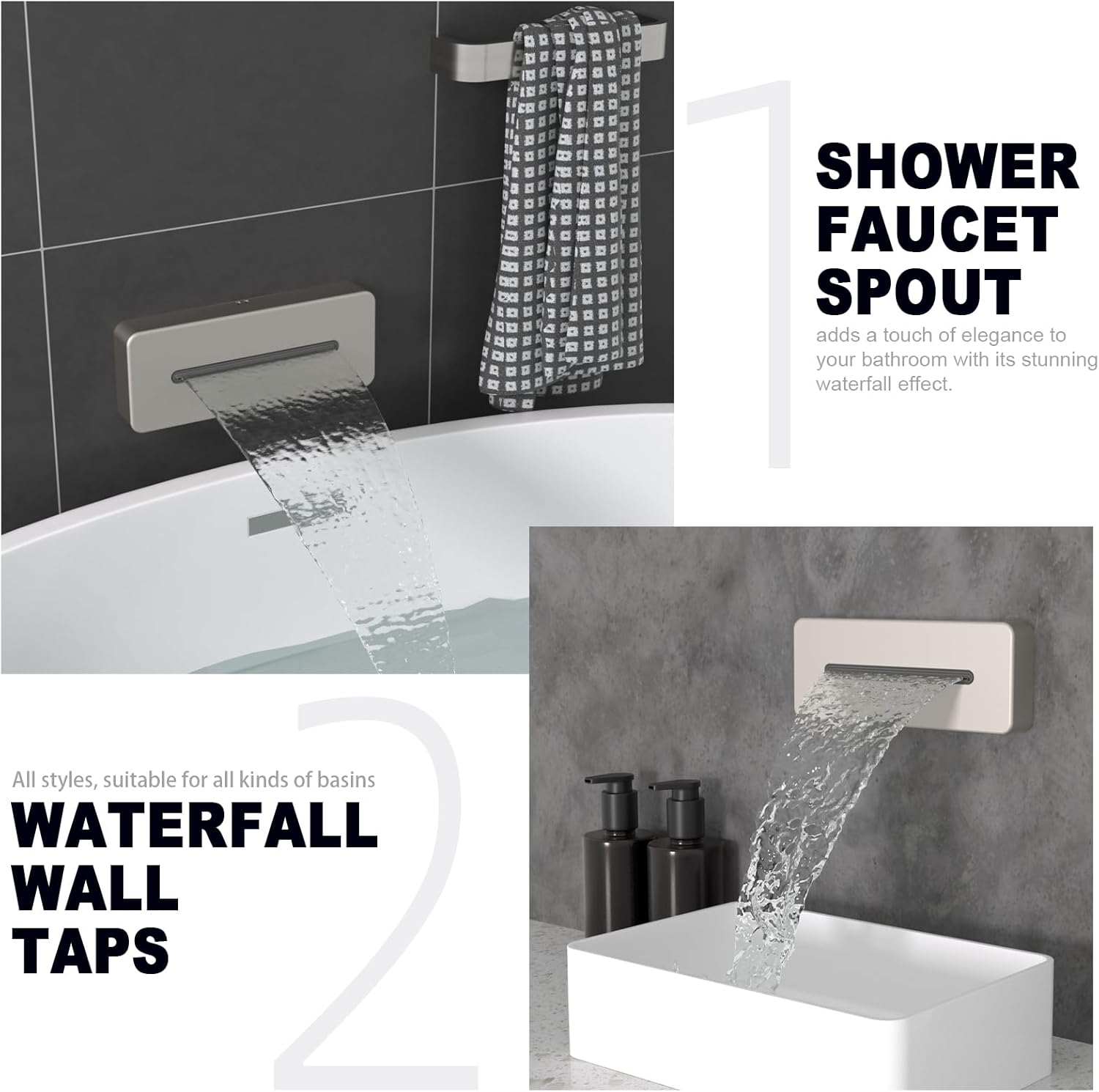 HOMEDEC Waterfall Bathtub Spout with Up/Down, Non Diverter Brass High Flow Thread-on Tub Filler Spout, Can be Used as Wall Mount Shower Head Without Diverter, Brushed Nickel