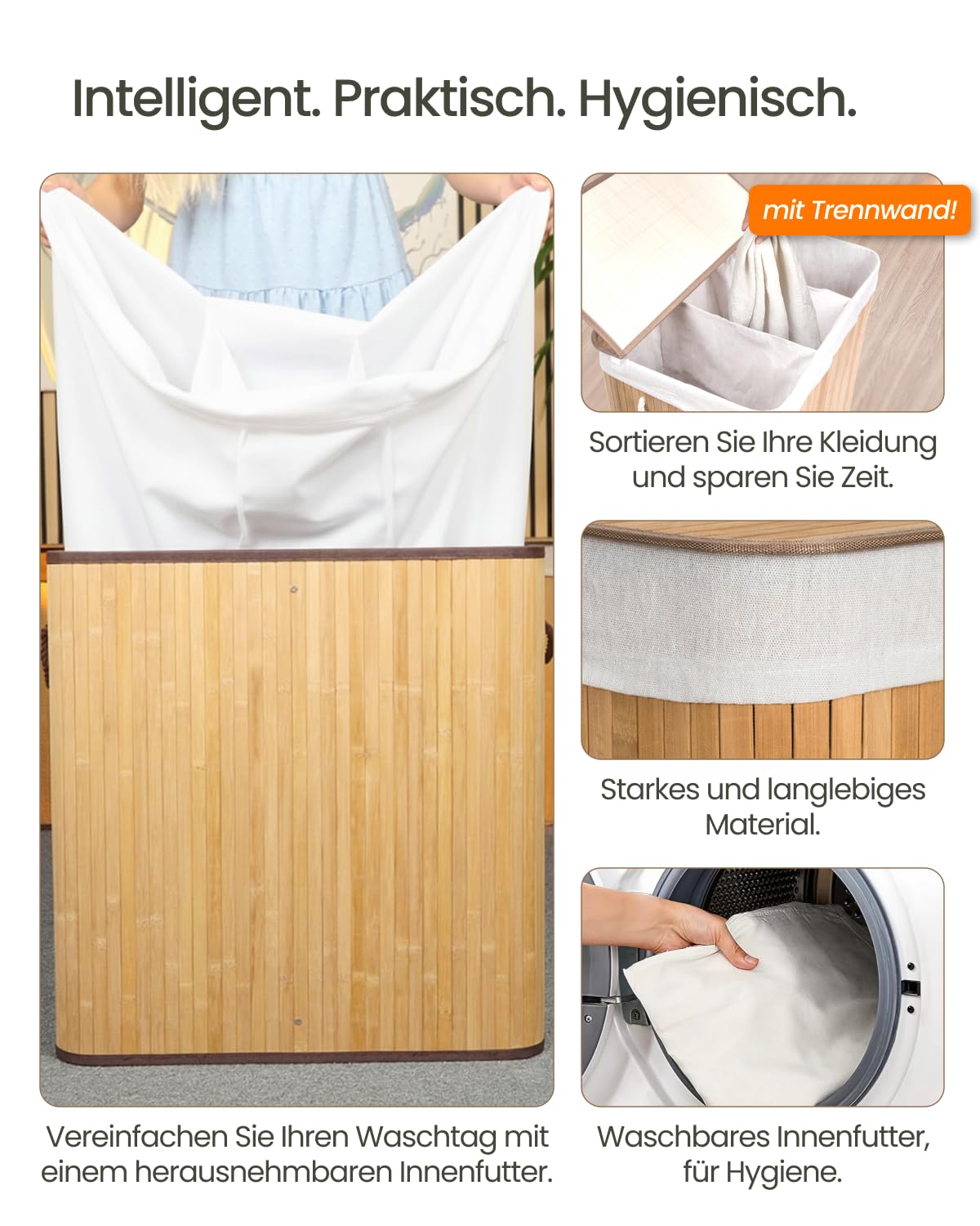 Cesto portabiancheria G21 150 L con divisori in bambù con cestello bianco
